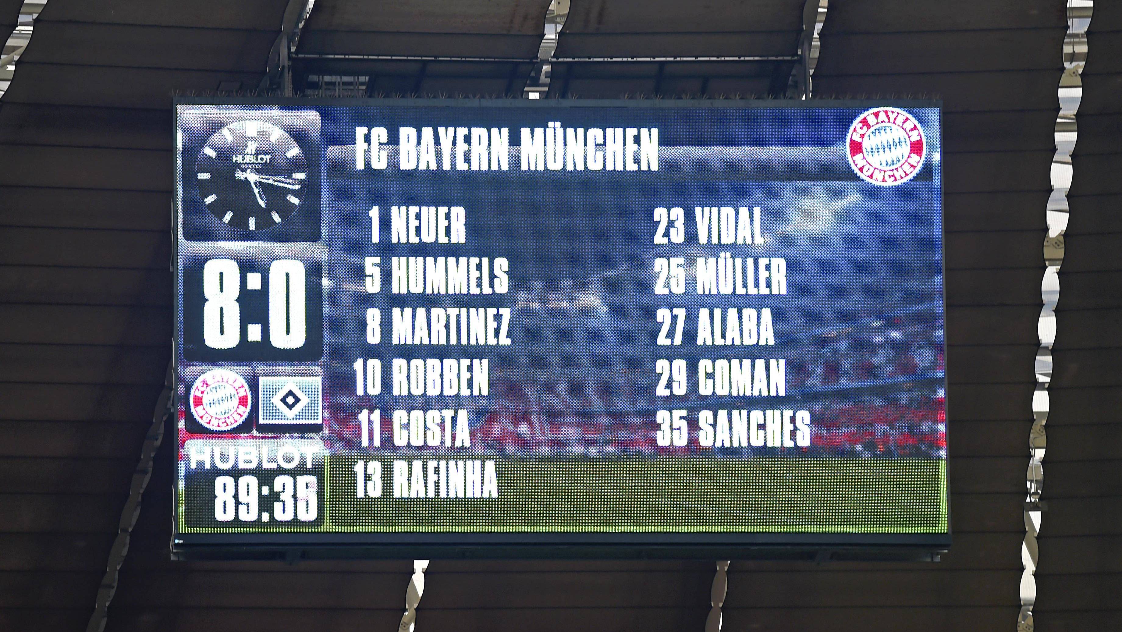 Die Anzeigetafel des FC Bayern beim 8:0-Kantersieg gegen den HSV