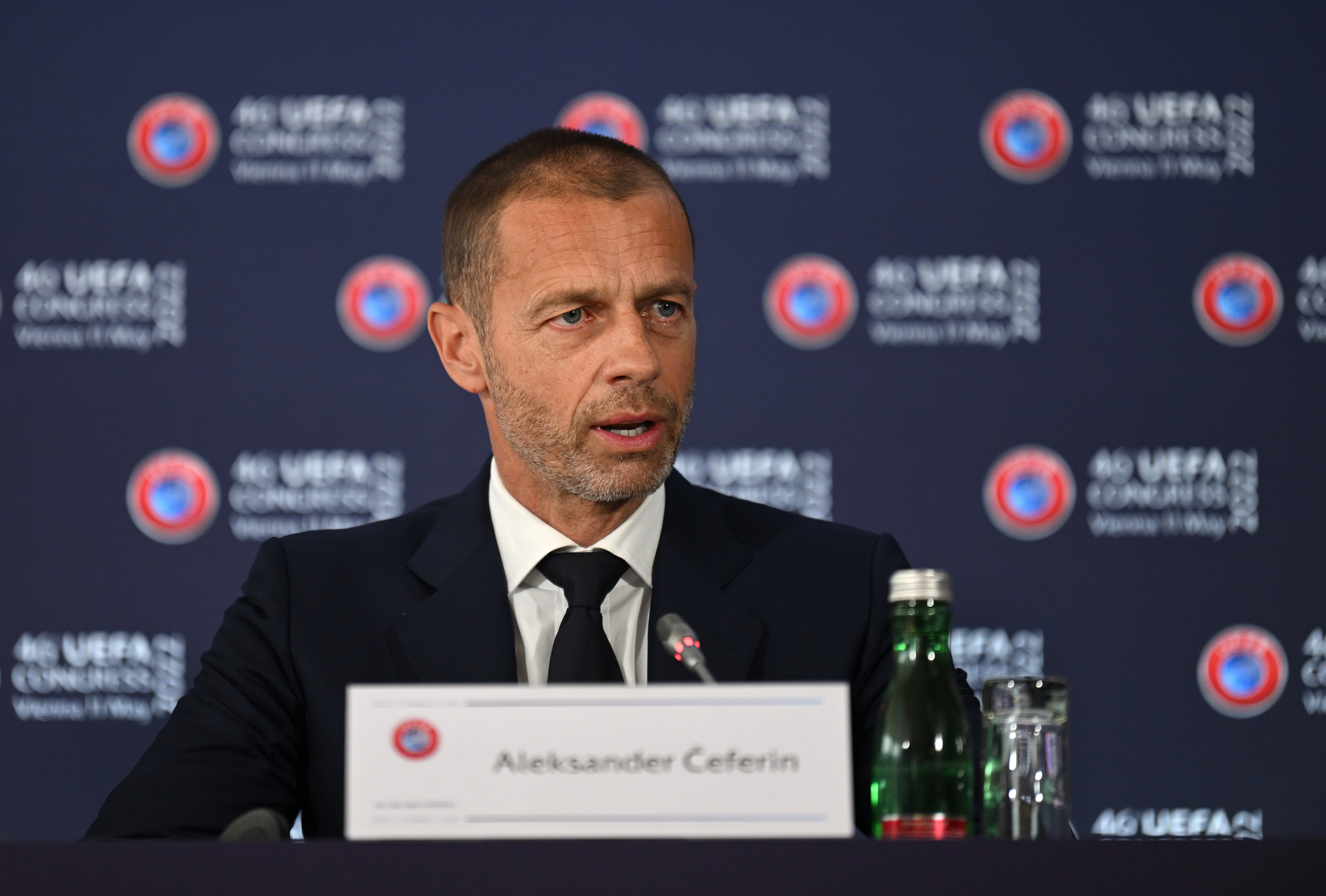 UEFA-Präsident Aleksander Ceferin nach dem UEFA-Kongress bei einer Pressekonferenz