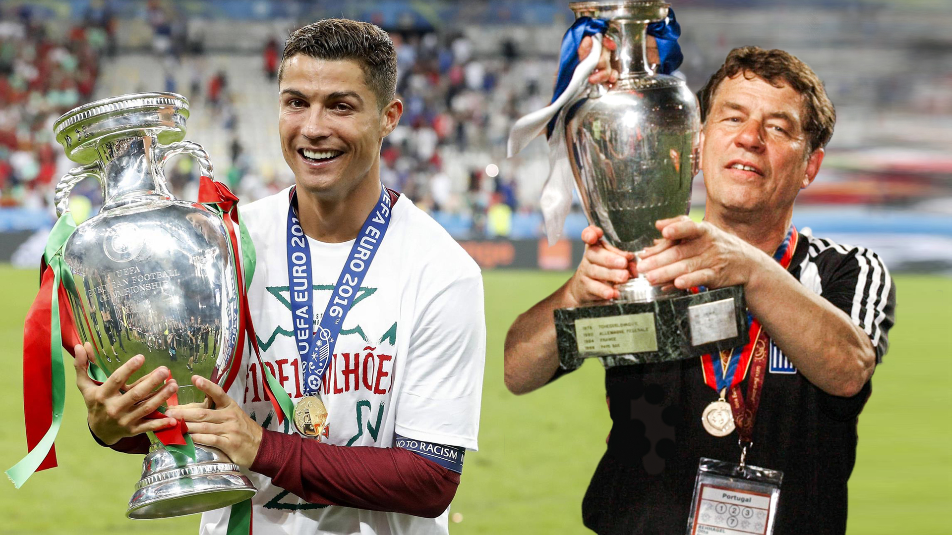 Der selbe Titel, unterschiedliche Pokale: Cristiano Ronaldo 2016 und Otto Rehhagel 2004