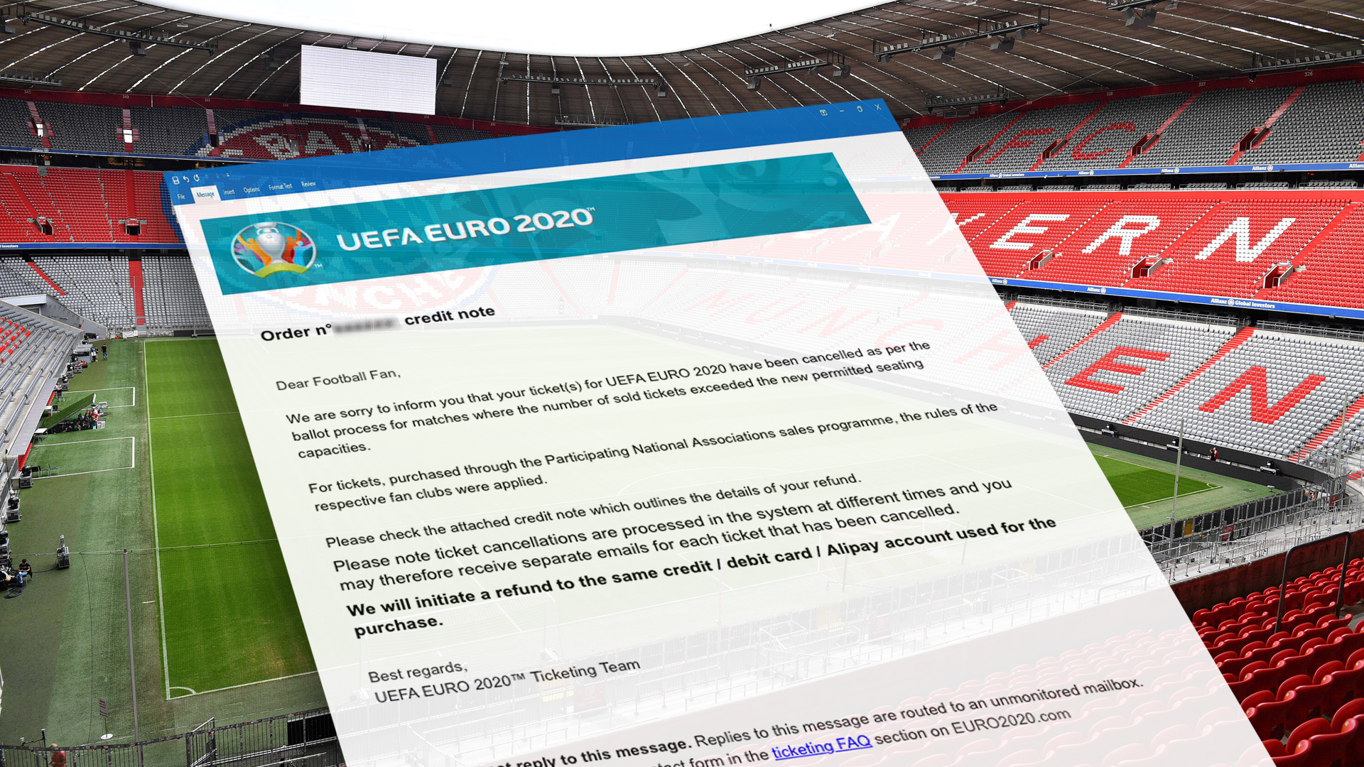 E-Mail mit dem Widerruf von Eintrittskarten für die EURO 2020