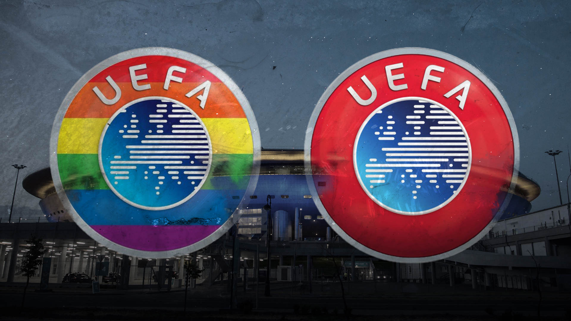 Stadion mit Werbebanden in Regenbogenfarben