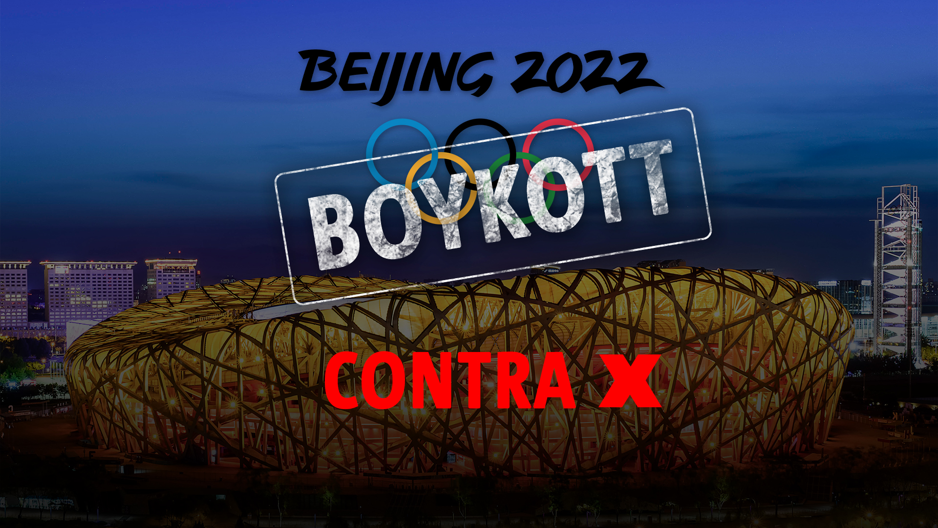 Olympische Ringe mit Schriftzug Boykott Contra